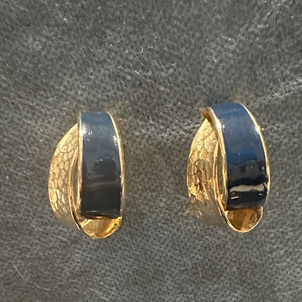 Gold Tone and Navy Enamel Clip-On Earrings